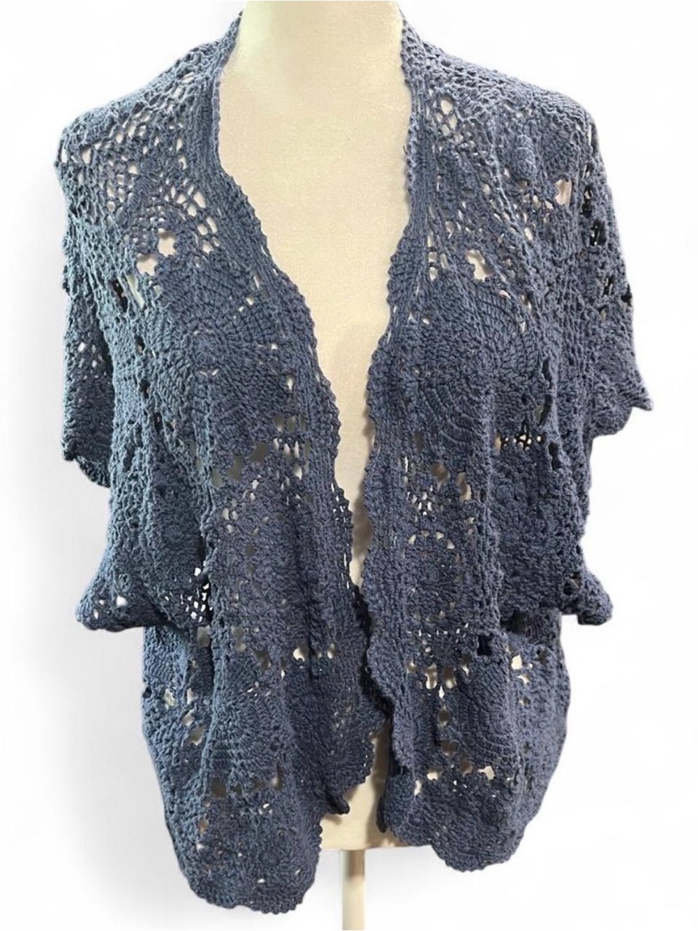 Open-Front Crochet Cardigan Sweater - Slate Blue